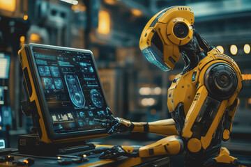 Fototapeta premium Engineer Manager monitors and controls robotic arm automation system in factory using software.