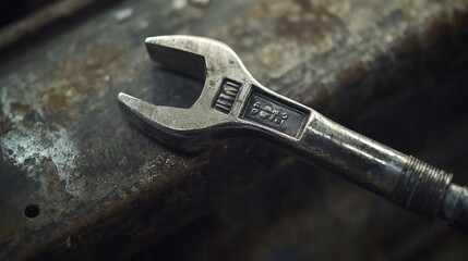 Close-up of a worn, metallic wrench resting on a rusty metal surface.