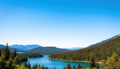 Serene mountain lake surrounded by lush evergreen forest under a clear blue sky.