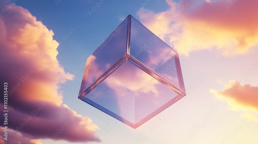 Poster Floating Transparent Cube in Vibrant Sunset Sky with Soft Colorful Clouds : Generative AI