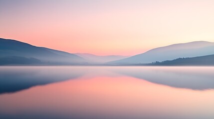 Obraz premium Serene Pastel Sunrise Over Calm Lake and Misty Hills Reflecting in Water : Generative AI