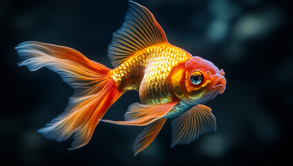 A gold and red fish swimming in a dark blue tank. The fish is the main focus of the image and it is swimming in a calm and peaceful environment