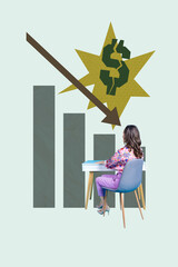 Vertical photo collage of anonym inexperienced businesswoman sit workplace arrow decline dollar crack fail isolated on painted background