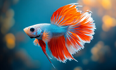 A fish with a blue body and orange tail. The fish is swimming in a blue tank