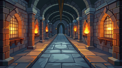 Fototapeta premium Medieval castle dungeon hallway illuminated by flickering flames in stone alcoves