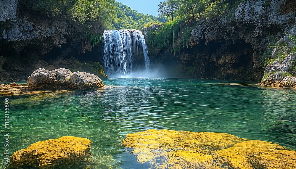 Poster serene waterfall cascading into turquoise lagoon amidst lush greenery and rocky cliffs : generative 