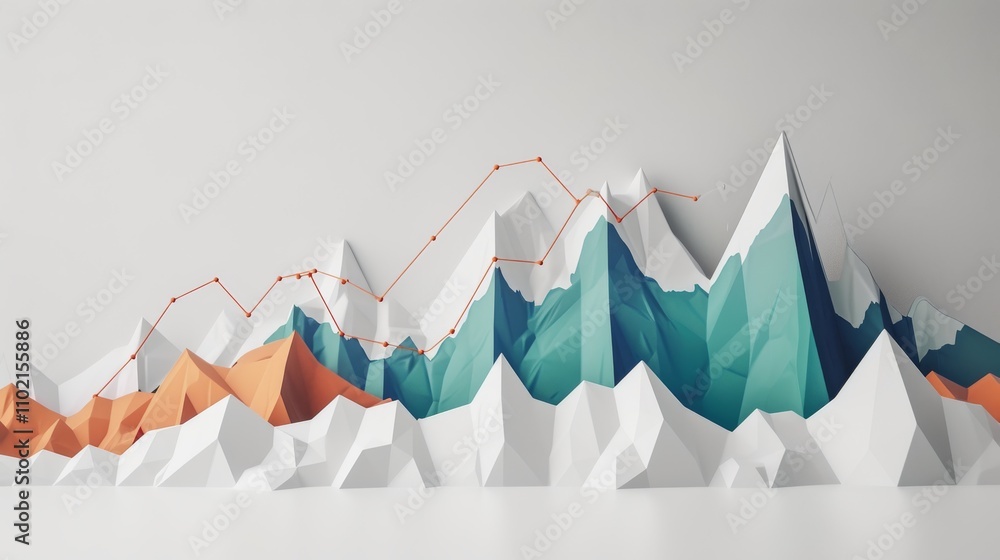 Poster a low-poly mountain landscape with an overlay of a data graph, combining abstract art with data visu