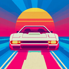 Retro-style sports car on a neon grid with a vibrant sunset in the background, creating a nostalgic atmosphere. Generative AI