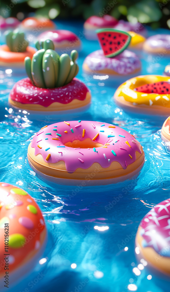 Poster a group of donuts floating in a pool with a watermelon on one of them. the donuts are in various col