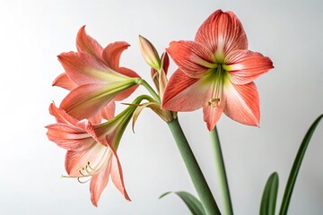 Blooming hippeastrum on a white background with some light blur, outdoor photography, blurred background, white flowers