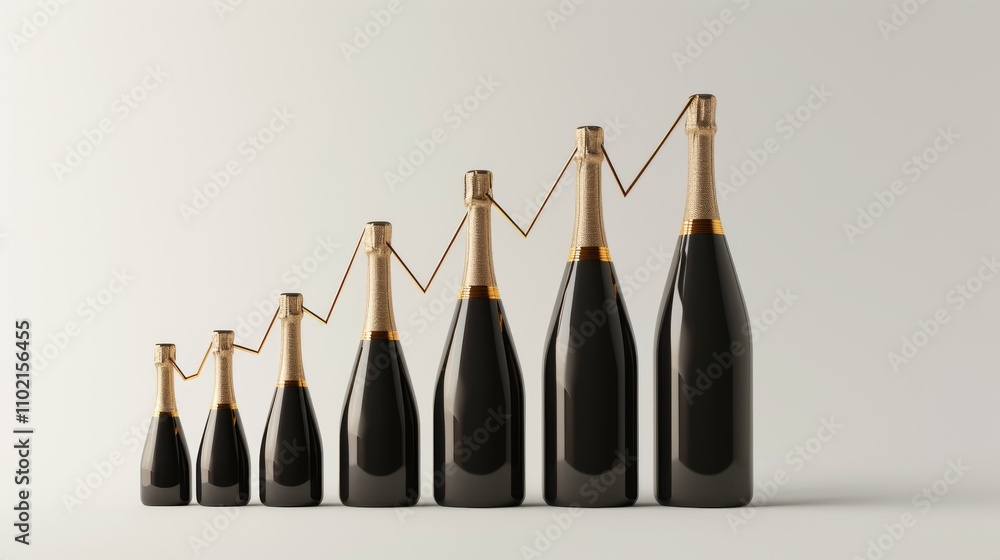 Poster a creative conceptual image showing champagne bottles increasing in size, with a line graph superimp