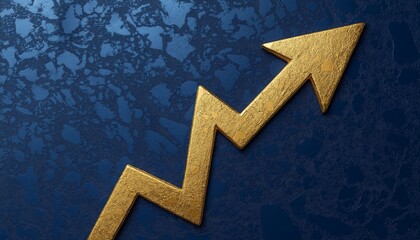 Glossy golden upward arrow on a royal blue textured background for prosperity