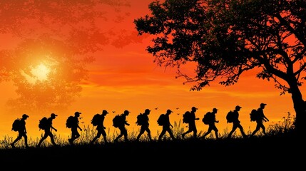Fototapeta premium Silhouette of a group of migrants walking along a path at dusk.