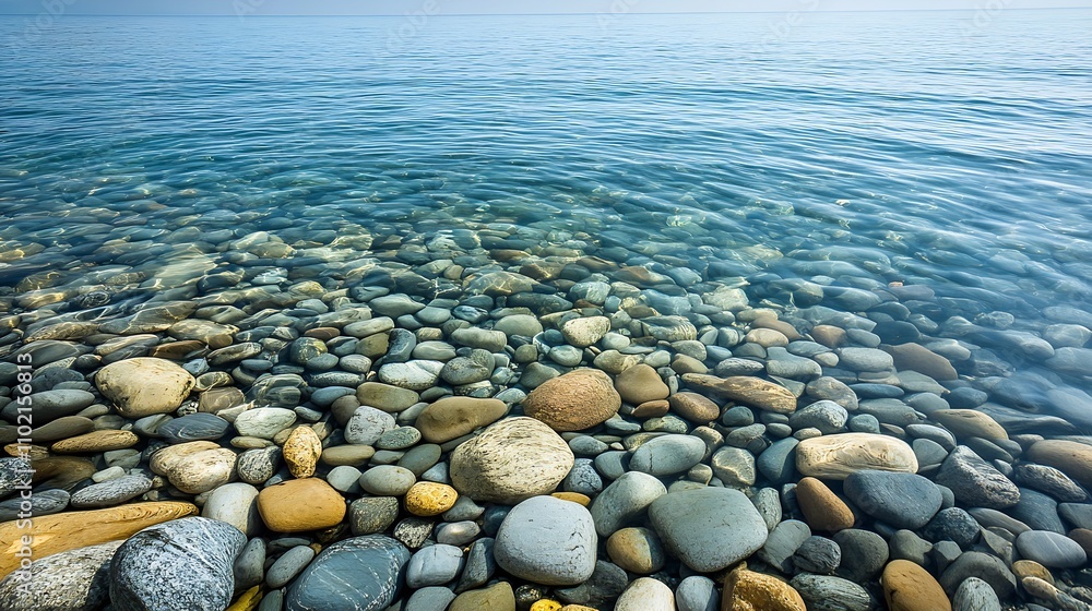 Aufkleber serene coastal shoreline with colorful smooth pebbles and calm blue ocean water : generative ai