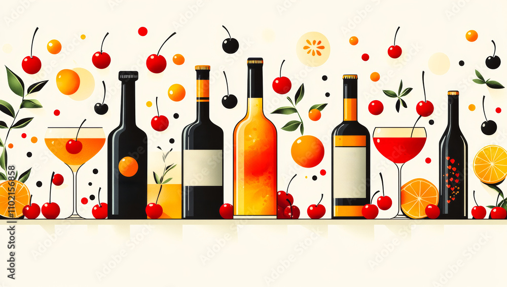 Poster a row of wine bottles and glasses with cherries and oranges on the table. the wine bottles are of di