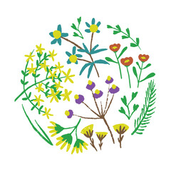 Round composition of colorful wildflowers, featuring yellow, purple, and red blossoms, interspersed with green stems and leaves.