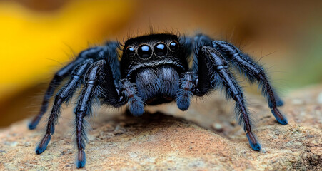 A black spider is standing on a rock. The spider is looking at the camera. The spider is small and has blue legs