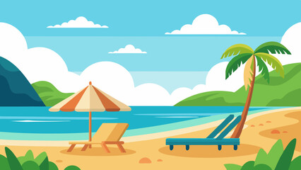 Naklejka premium Relaxing summer vacation loungers on a serene beach landscape with palm trees and clear blue waters