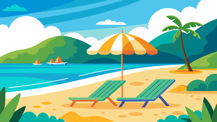 Obraz premium Summer vacation loungers on a serene beach with vibrant sea and lush mountains