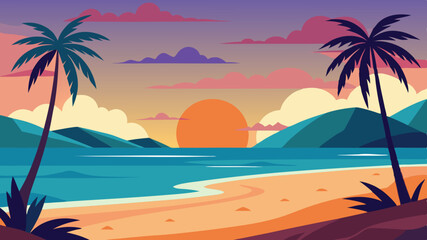 Obraz premium Vibrant sunset over a tropical beach with palm trees and distant mountains during summer