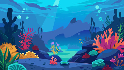 Vibrant coral reef teeming with marine life in deep blue ocean waters