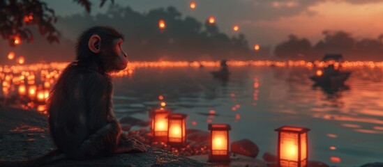 Tranquil scene of a river at sunset with the water reflecting the warm glow of floating lanterns and a spiritual shrine or temple in the background creating a peaceful and meditative atmosphere