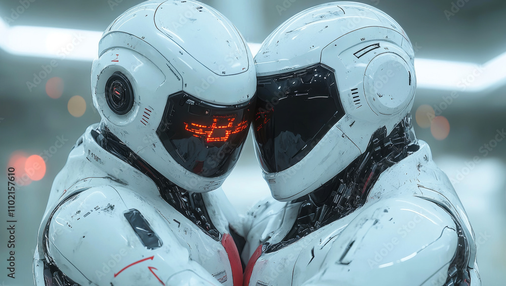 Poster two robots are hugging each other in a white room. the robots are wearing helmets and have red light