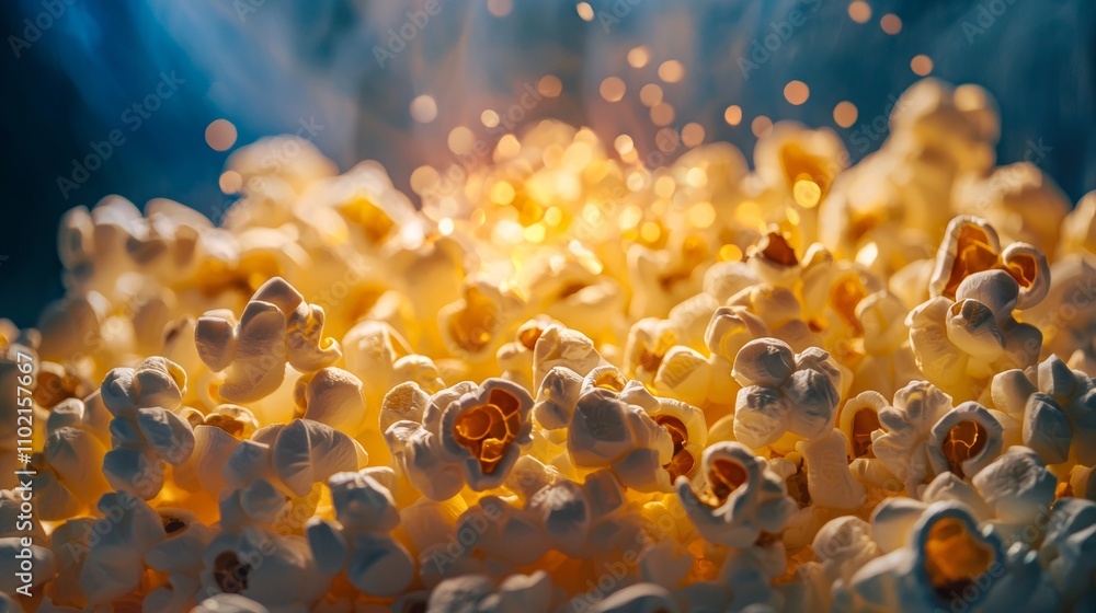 Poster popcorn exploding in golden light with bokeh sparks