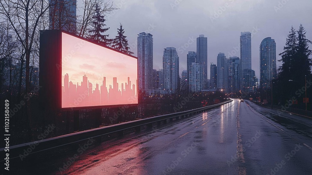 Poster empty illuminated billboard standing next to a quiet highway at dusk with city buildings in the back