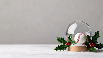 A festive snow globe featuring a baseball surrounded by holly leaves and red berries against a neutral background, perfect for holiday decor.