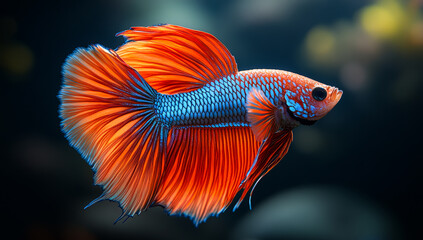 A beautiful orange and blue fish swimming in a tank. The fish is the center of attention and the colors are vibrant and eye-catching