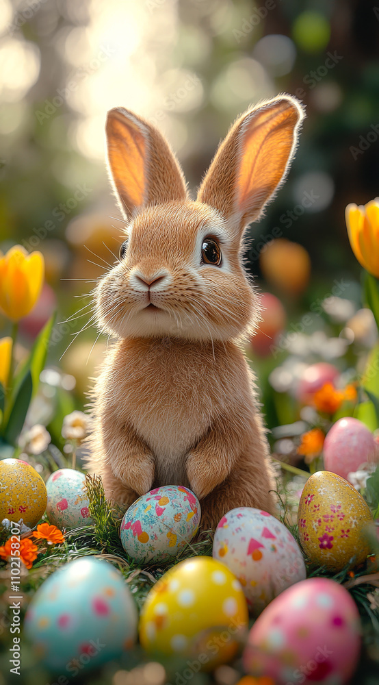 Poster a rabbit is sitting on a bed of easter eggs. the rabbit is looking at the camera with a curious expr