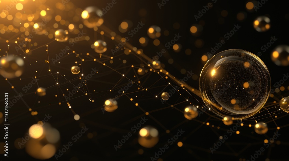 Poster stunning close-up of golden spheres and particles floating on a delicate digital network. the dark b