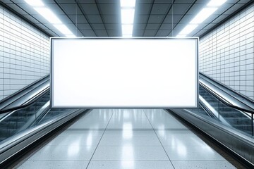 ilustration, White billboard mockup near to escalator in an shopping center, Generative AI , isolated on white background,  , copy space, copy space for text,
