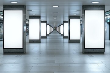 Five empty vertical posters mock-ups glowing with a LED neon light in an airport terminal; a group of blank banners templates in a corridor of a shopping mall; mockups of 5 indoor