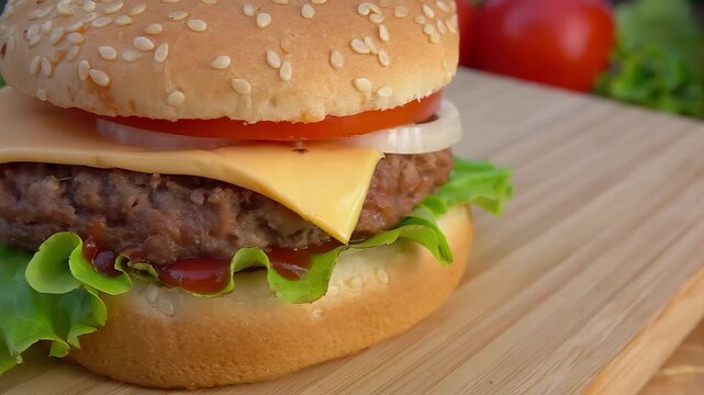 Panorama of an appetizingly assembled hamburger with cheese lying on a wooden board. High quality 4k footage
