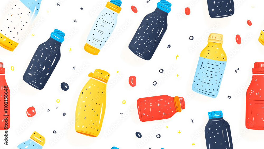 Poster A colorful array of bottles with different shapes and sizes. The bottles are arranged in a pattern, with some overlapping and others standing alone. Scene is cheerful and playful