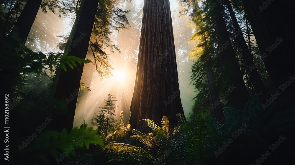Poster sunlit forest with towering trunks and ferns creating a tranquil natural atmosphere perfect for outd