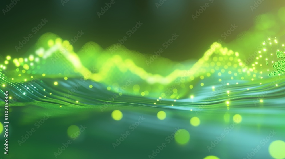 Poster a vibrant 3d render showcasing an abstract green digital landscape with flowing lines and glowing pa