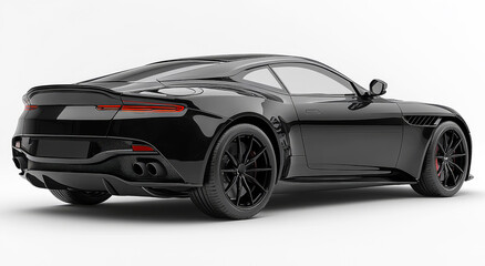 A black sports car with a black wheel. The car is parked on a white background. The car is sleek and shiny, with a black stripe on the side. The car is a symbol of luxury and speed