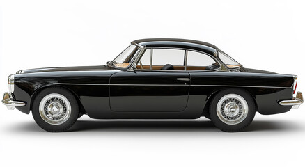 A black vintage car is parked on a white background. The car is shiny and well-maintained, giving off a sense of luxury and elegance. The image evokes a feeling of nostalgia