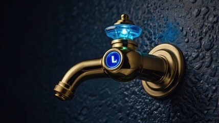 Illuminated gold faucet with blue LED light.