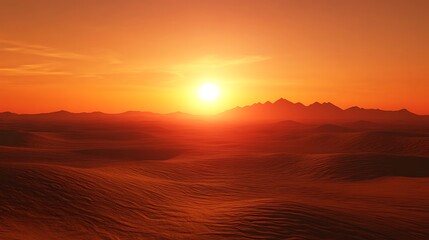 Fototapeta premium Vast desert landscape under warm sunset with mountains in the distance creating a serene atmosphere