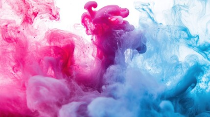 Fototapeta premium Abstract artistic flow of pink and blue ink swirling in water, creating soft gradient shapes against a white background.