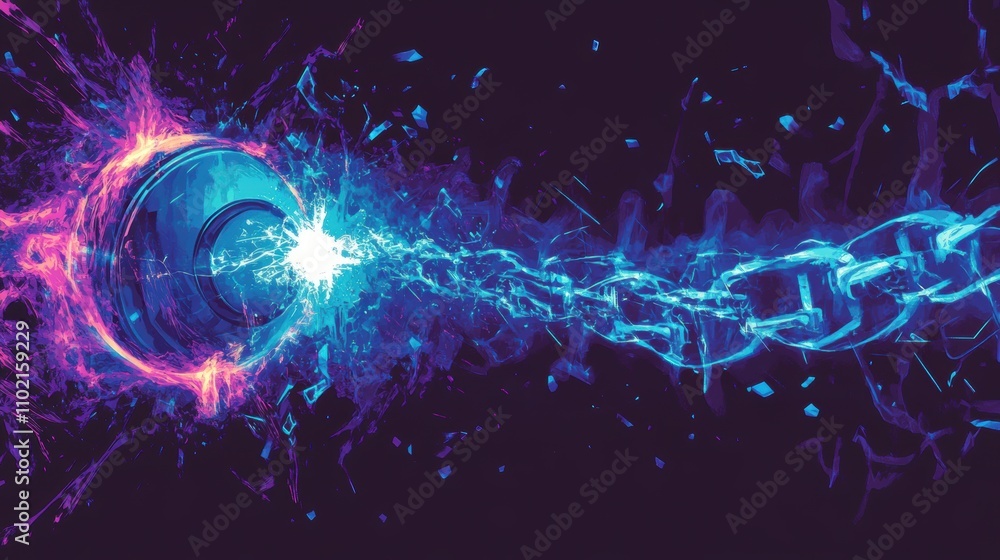 Poster exploding sphere connected to a glowing chain in a dark background.