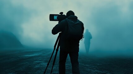 Fototapeta premium Mysterious Fog Envelops Photographer in Misty Landscape