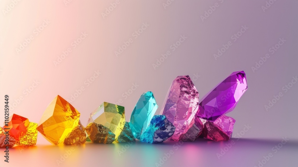 Poster a captivating 3d rendering of various faceted crystals arranged in a line, illuminated by gradient l