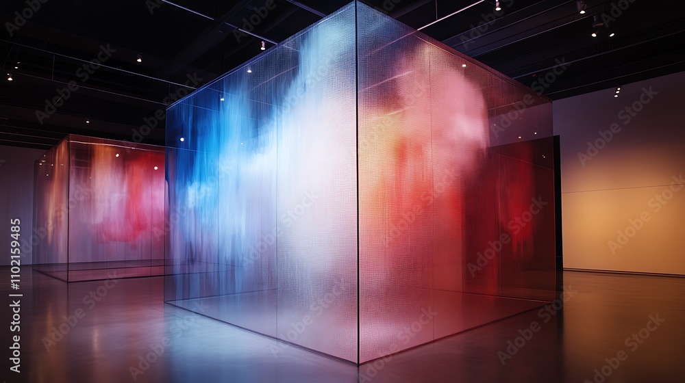 Poster contemporary multicolored light and glass cube art installation in a spacious exhibit hall : generat