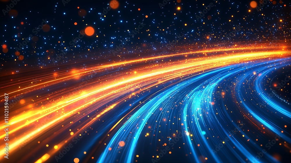 Poster Dynamic Glowing Light Streams in Blue and Orange with Bokeh Effects : Generative AI
