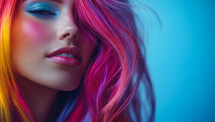 Obraz premium A woman with rainbow colored hair is smiling and looking at the camera. The image has a bright and cheerful mood, with the colorful hair and the woman's smile conveying a sense of happiness